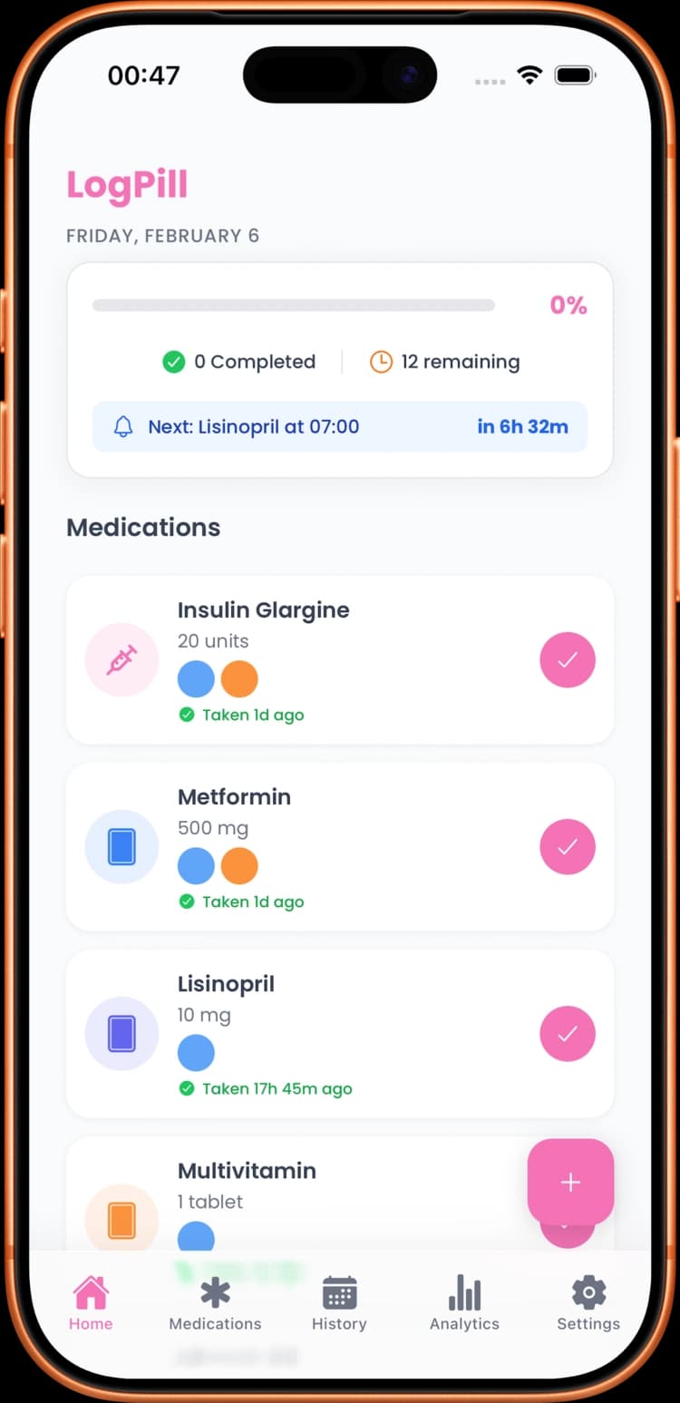 LogPill home dashboard showing daily medication schedule