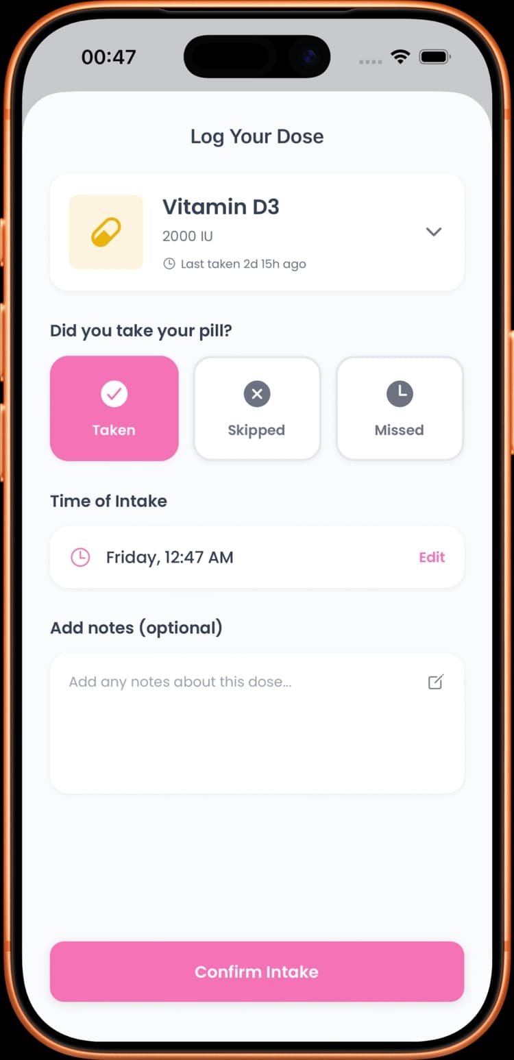 Dose logging screen with taken, skipped, and missed options
