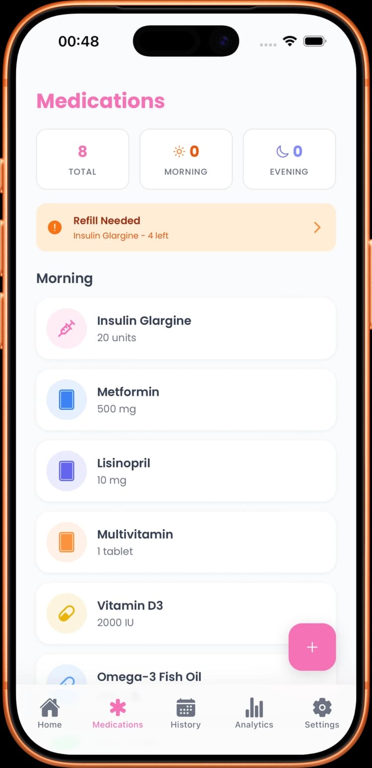 Medication list showing all tracked medications with dosages